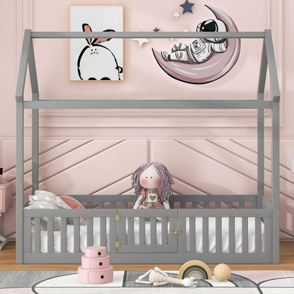 Twin Size Wood House Bed with Fence and Door, Gray