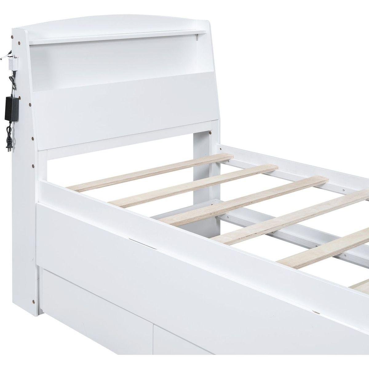 Twin Size Platform Bed with Storage LED Headboard, Twin Size Trundle and 3 Drawers, White
