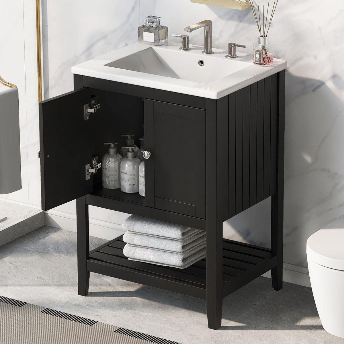 24" Black Modern Sleek Bathroom Vanity Elegant Ceramic Sink with Solid Wood Frame Open Style Shelf