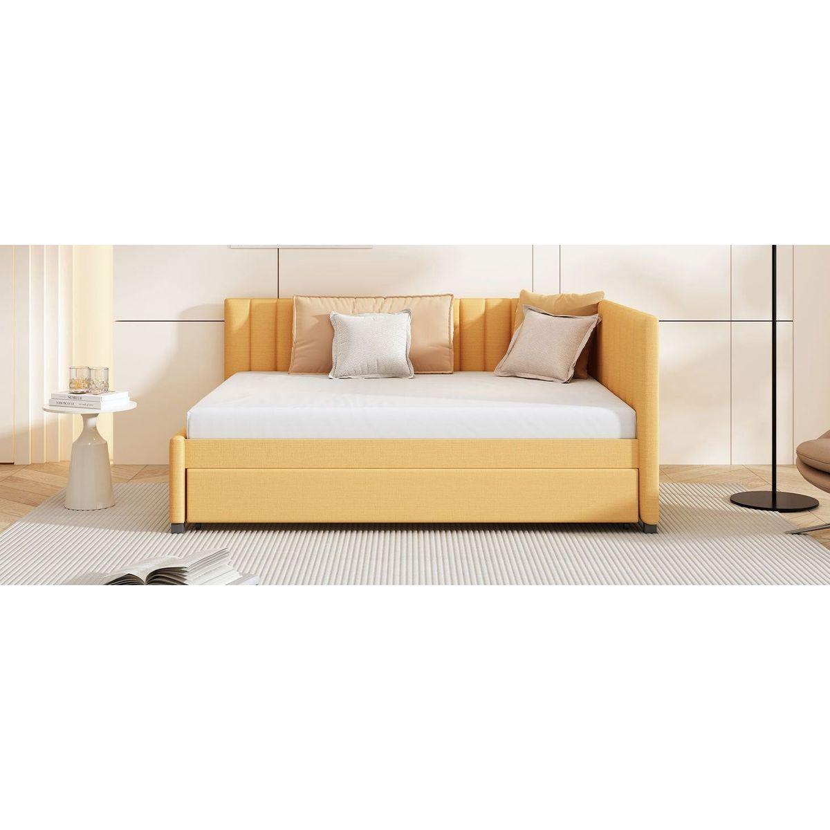 Full Size Upholstered Daybed with Trundle Sofa Bed Frame No Box Spring Needed, Linen Fabric(Yellow)