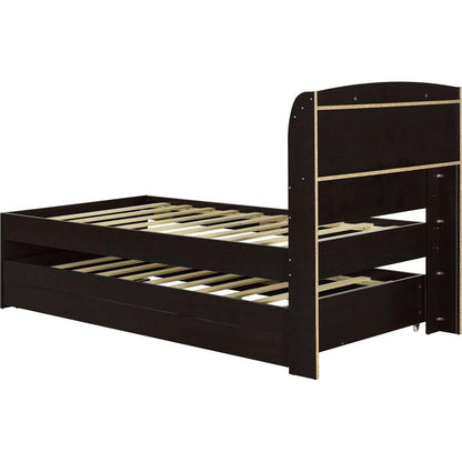 Twin XL Size Platform Bed with Storage LED Headboard, Charging Station, Twin Size Trundle and 2 Drawers, Dark Brown
