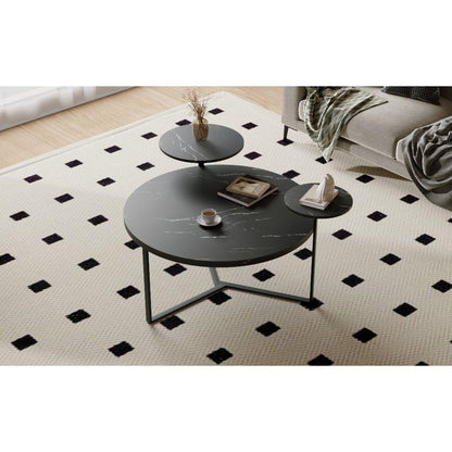 Modern coffee table with two display shelves, Black Faux marble surfaces, Tripod-inspired base,Rounded tabletop edges