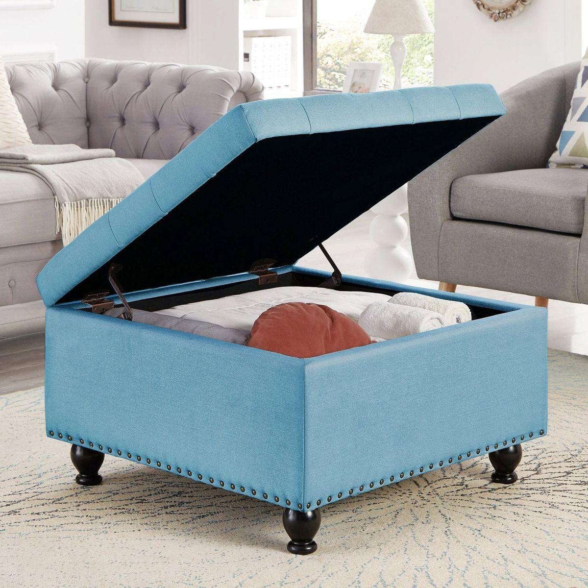 Large square storage ottoman with wooden legs, Upholstered button tufted coffee table with nail trims,Light Blue