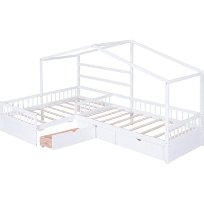 Twin Size House Platform Bed with Three Storage Drawers,White