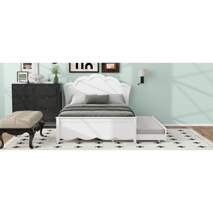 Full Size Wood Platform Bed with Headboard and Twin Size Trundle, White - Streamdale Furniture