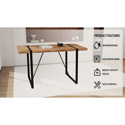 55 "rural industrial rectangular MDF dark wood dining table, 4-6 people, 1.5" thick engineering wood tabletop and black rectangular metal legs, used for writing desk, kitchen, terrace, dining room
