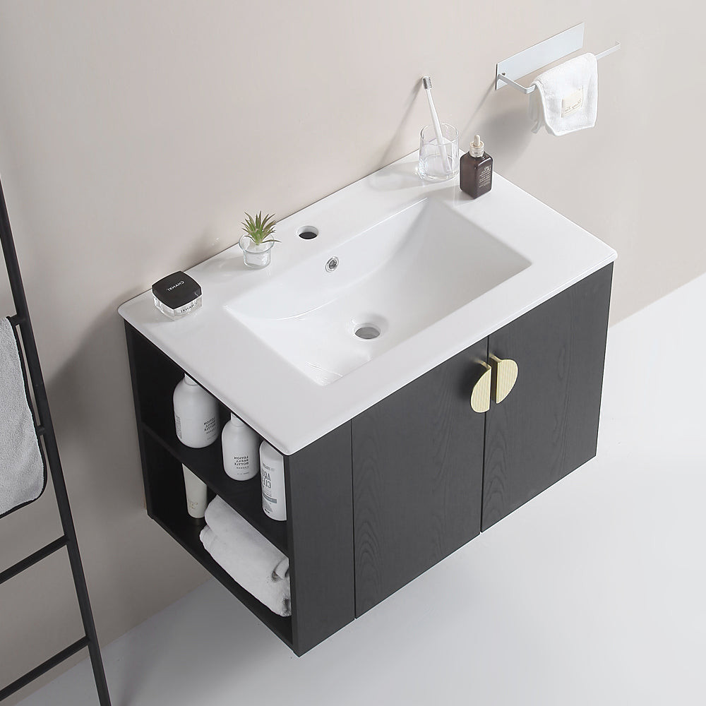 30" Bathroom Vanity with Sink,with two Doors Cabinet Bathroom Vanity Set with Side left Open Storage Shelf,Solid Wood,Excluding faucets,Black