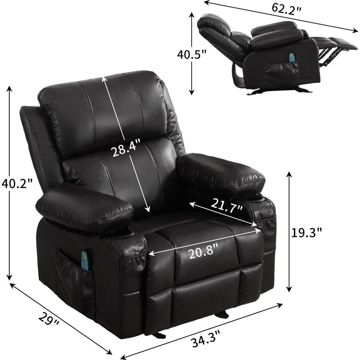 Vanbow.Recliner Chair Rocking Chairs for Adults Oversized with 2 Cup Holders, USB Charge Port Soft Features a Manual Massage and Heat.BLACK