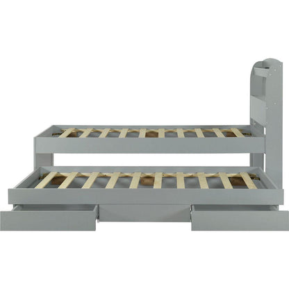 Twin XL Size Platform Bed with Storage LED Headboard, Charging Station, Twin Size Trundle and 2 Drawers, Gray