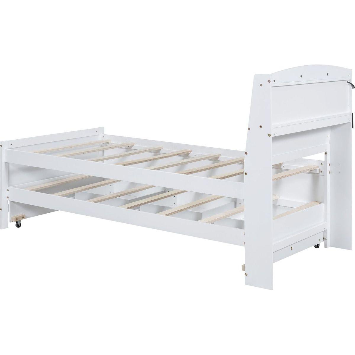 Twin Size Platform Bed with Storage LED Headboard, Twin Size Trundle and 3 Drawers, White