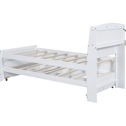 Twin Size Platform Bed with Storage LED Headboard, Twin Size Trundle and 3 Drawers, White