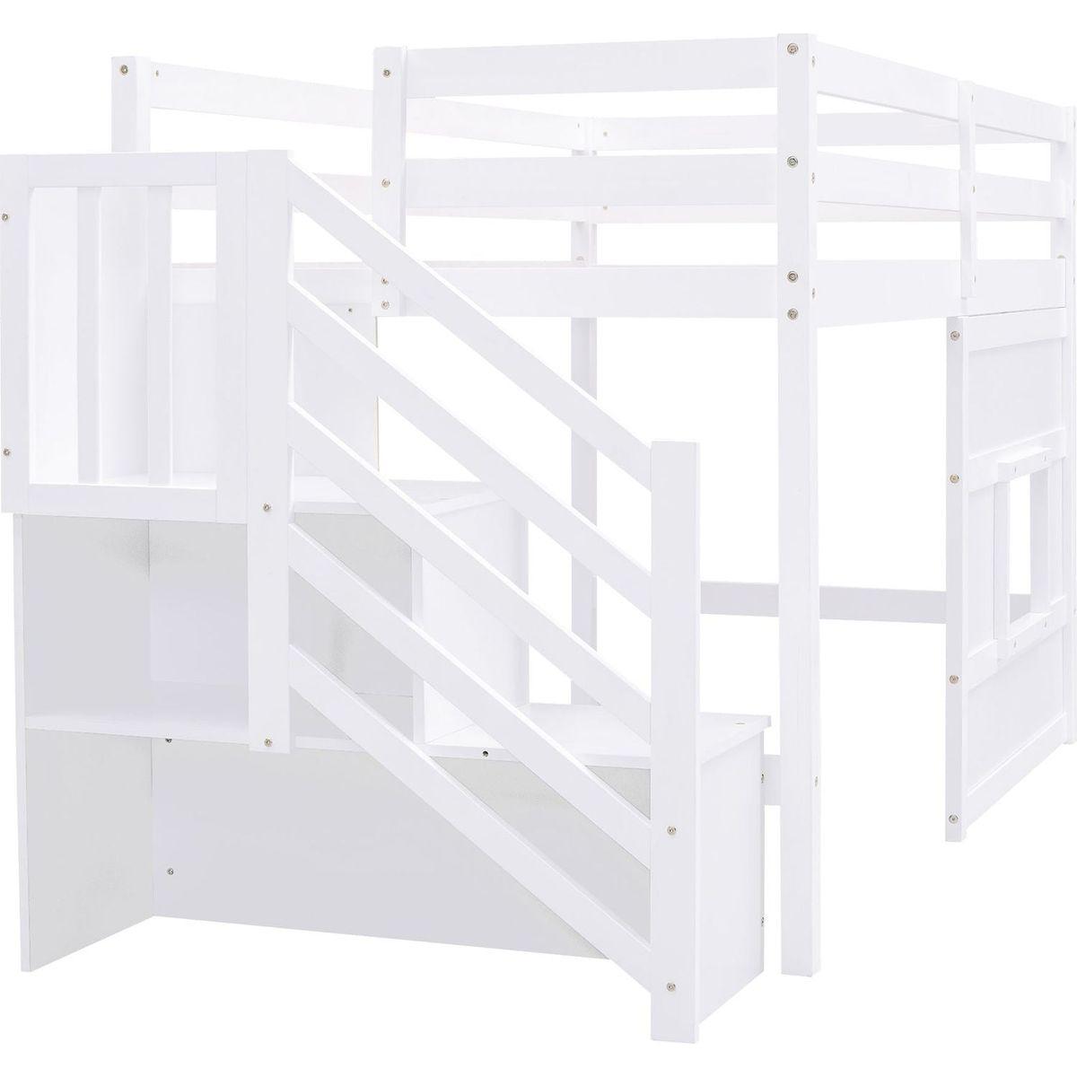 Twin Size Loft Bed with Storage Staircase and Window, White