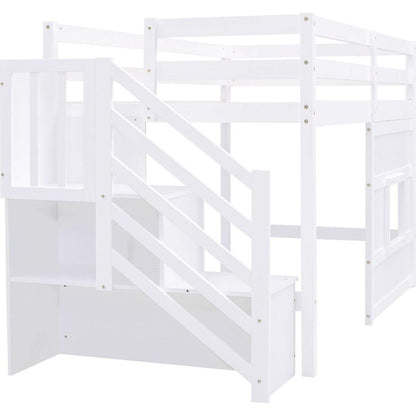 Twin Size Loft Bed with Storage Staircase and Window, White