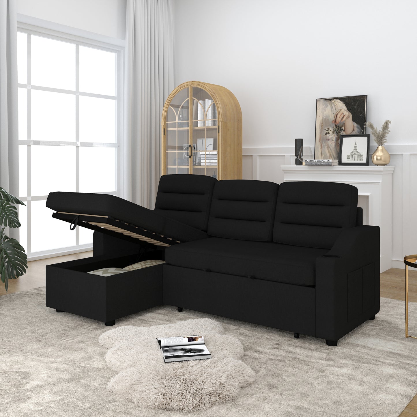 83.5" Convertible Sleeper Combo Sofa, Convertible Sofa Bed Polyester Pullout Bed with Storage Recliner and Cup Holder for Living Room, Tight Spaces