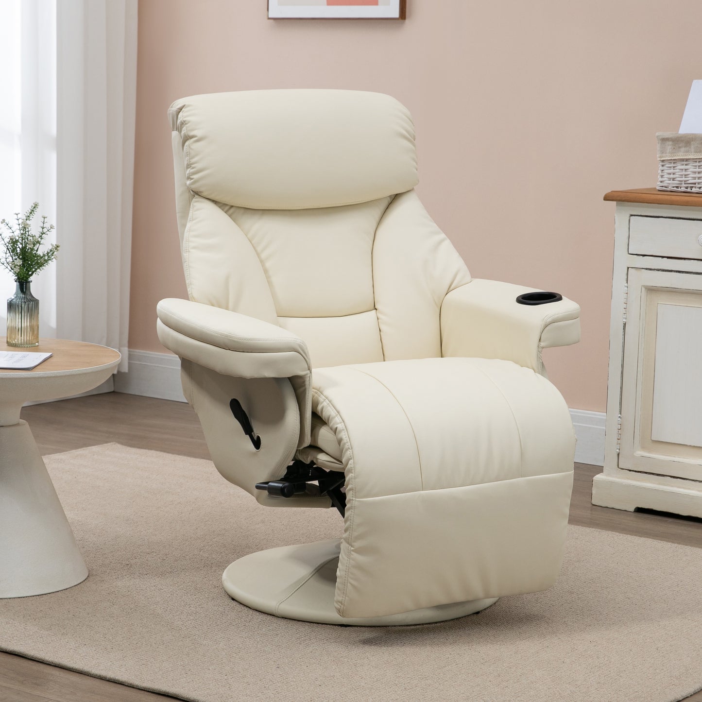 Manual Recliner, Swivel Lounge Armchair with Side Pocket, Footrest and Cup Holder for Living Room, Cream White