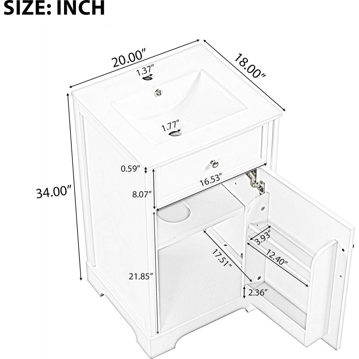 20" Bathroom Vanity with Sink, Bathroom Cabinet with Soft Closing Door, Storage Rack and Adjustable Shelve, White