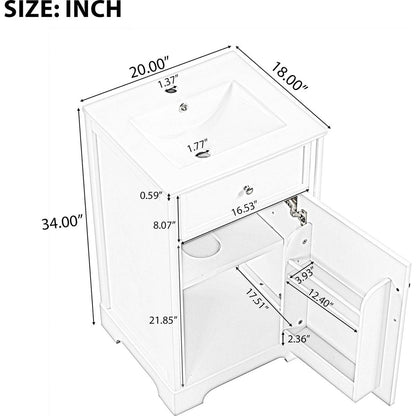 20" Bathroom Vanity with Sink, Bathroom Cabinet with Soft Closing Door, Storage Rack and Adjustable Shelve, White