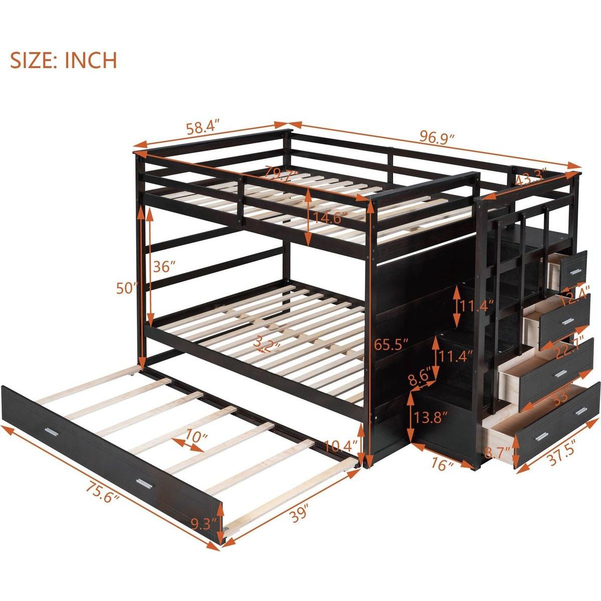 Full Over Full Bunk Bed with Twin Size Trundle and Staircase, Espresso