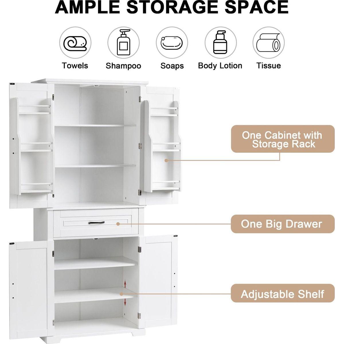 Bathroom Storage Cabinet with Doors and Drawer, Multiple Storage Space, Adjustable Shelf, White