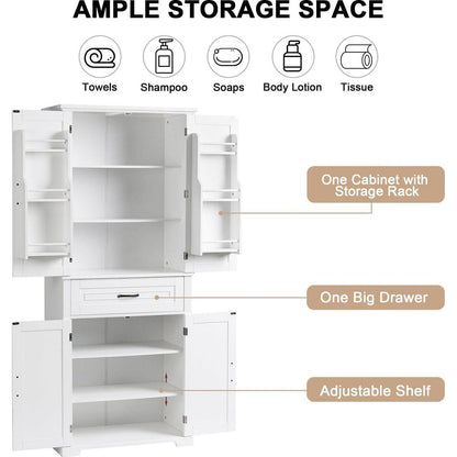 Bathroom Storage Cabinet with Doors and Drawer, Multiple Storage Space, Adjustable Shelf, White
