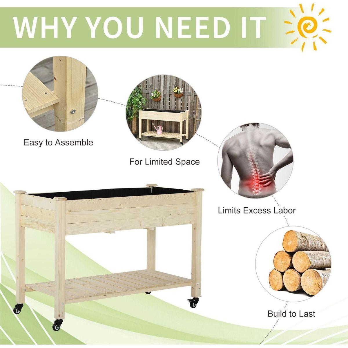 Raised Garden Bed, 47" x 22" x 33", Elevated Wooden Planter Box w/ Lockable Wheels, Storage Shelf, and Bed Liner for Backyard, Patio, Natural