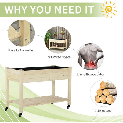 Raised Garden Bed, 47" x 22" x 33", Elevated Wooden Planter Box w/ Lockable Wheels, Storage Shelf, and Bed Liner for Backyard, Patio, Natural