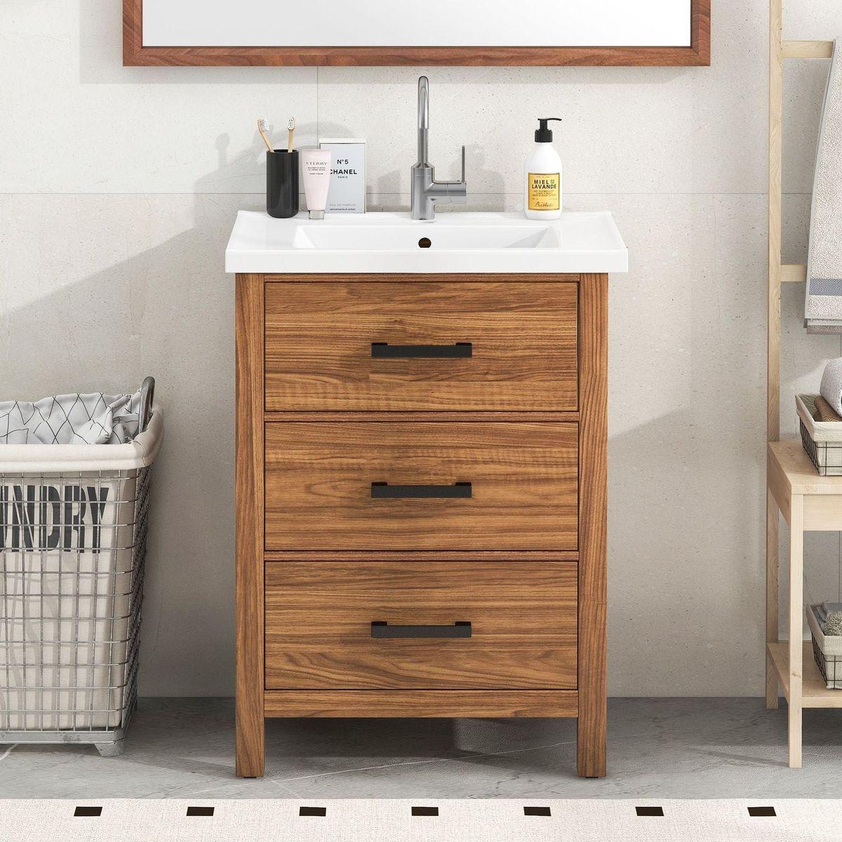 24" Bathroom Vanity with Ceramic Basin Sink, Modern Bathroom Storage Cabinet with 3 Drawers, Freestanding Bathroom Vanity Cabinet with Single Sink