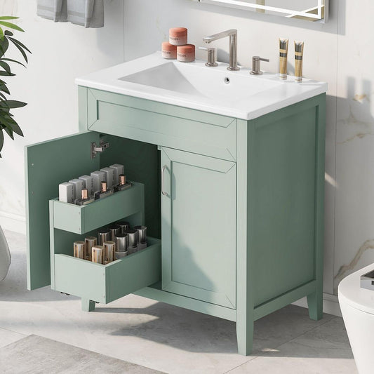 30" Bathroom Vanity with Sink, Multi-functional Bathroom Cabinet with Doors and Drawers, Solid Frame and MDF Board, Green