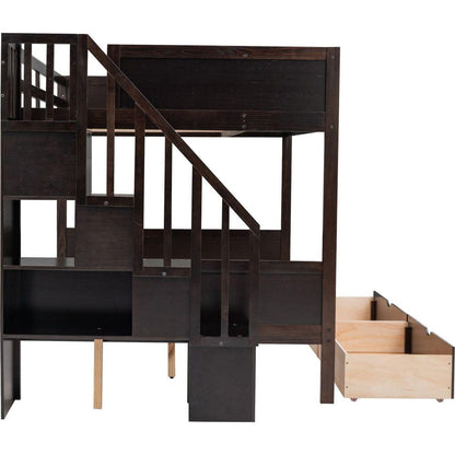 Twin over Full Bunk Bed with Shelfs, Storage Staircase and 2 Drawers, Espresso