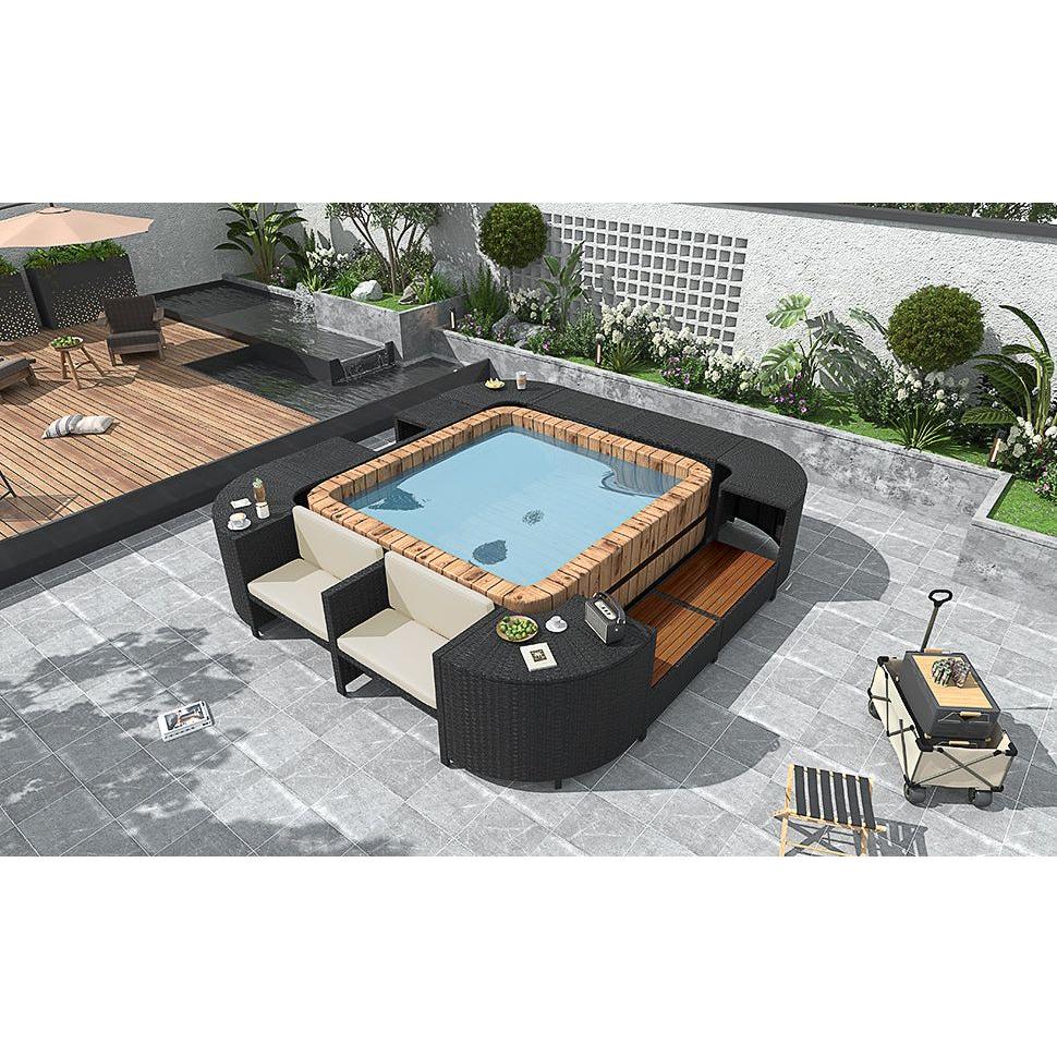 Spa Surround Spa Frame Quadrilateral Outdoor Rattan Sectional Sofa Set with Mini Sofa,Wooden Seats and Storage Spaces, Beige