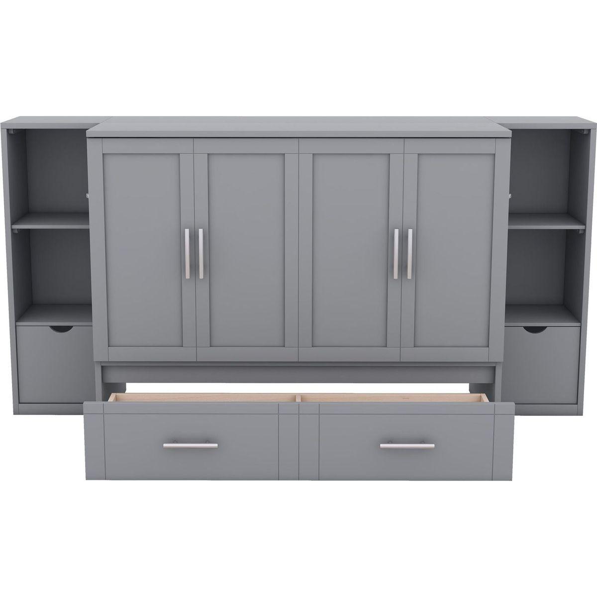 Full Size Murphy Bed with Shelves, Drawers and USB Ports,Gray
