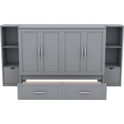 Full Size Murphy Bed with Shelves, Drawers and USB Ports,Gray