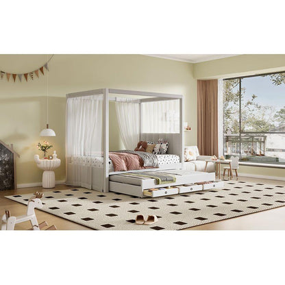 Twin Size Upholstery Canopy Platform Bed with Trundle and Three Storage Drawers, Beige