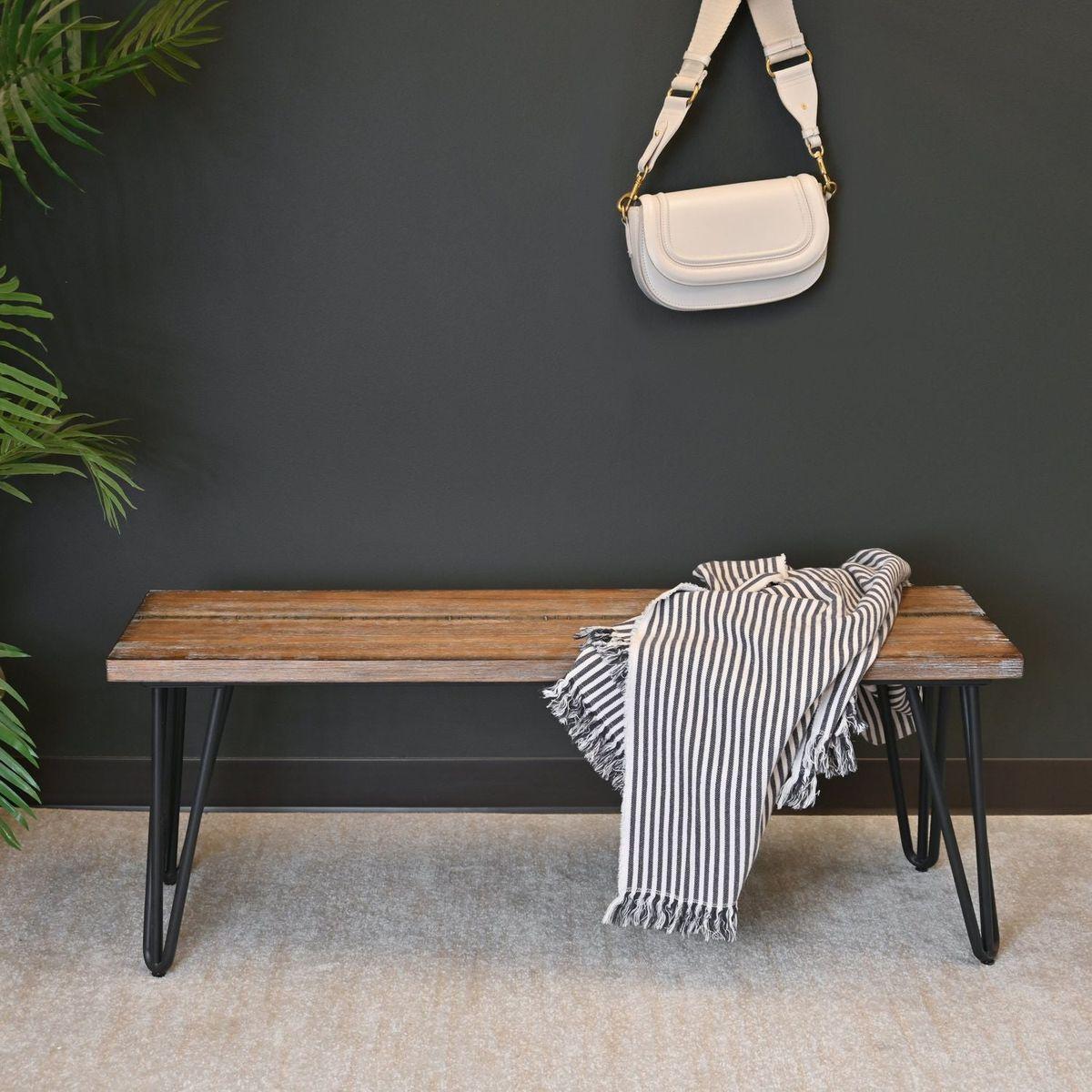 Aryven Industrial Wood Dining Bench, Rustic Dark Pine Finish