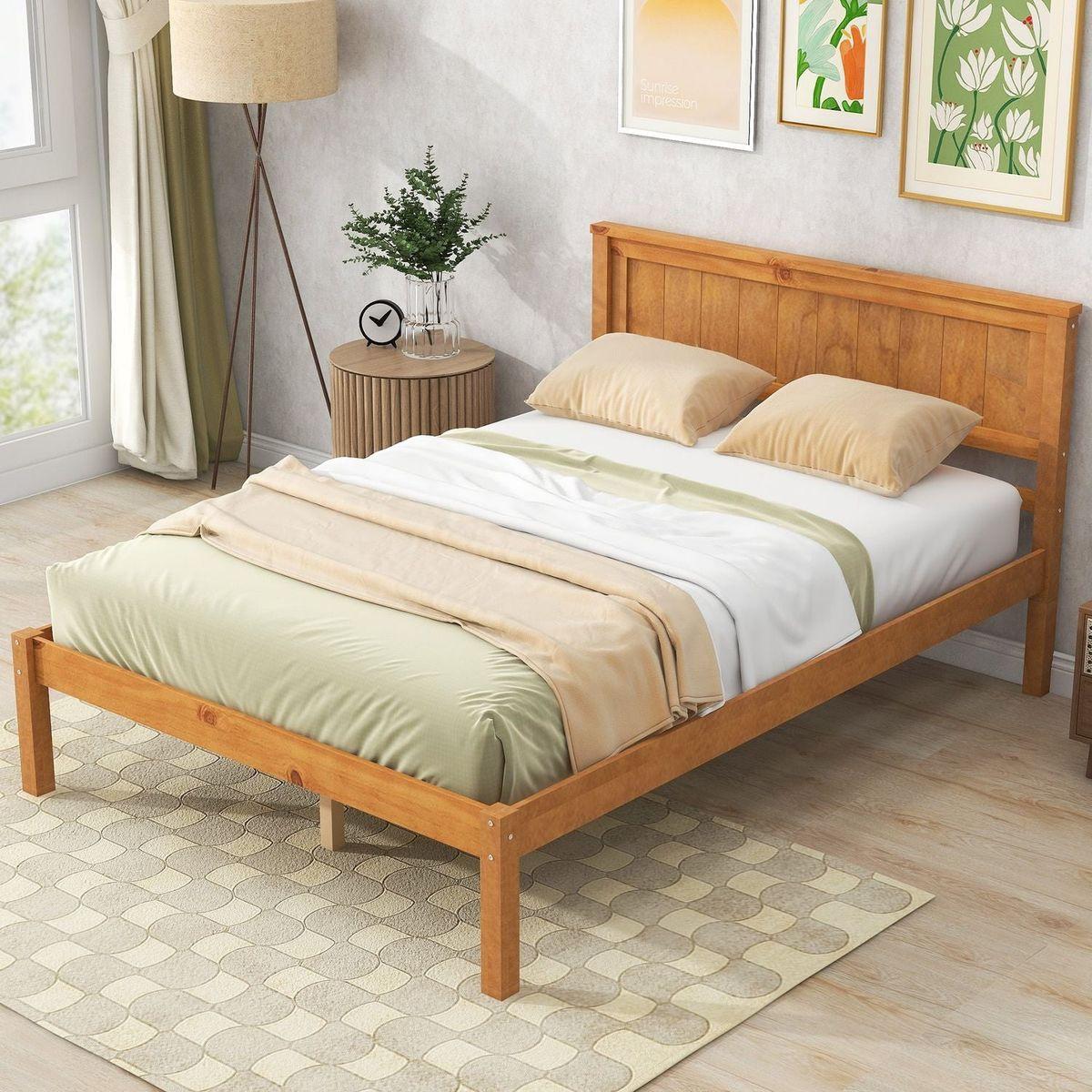 Platform Bed Frame with Headboard, Wood Slat Support, No Box Spring Needed, Full, Oak