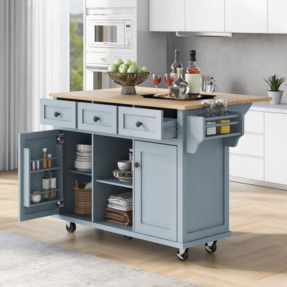 Kitchen Cart with Rubber wood Drop-Leaf Countertop, Cabinet door internal storage racks,Kitchen Island on 5 Wheels with Storage Cabinet and 3 Drawers for Dining Room, Grey Blue