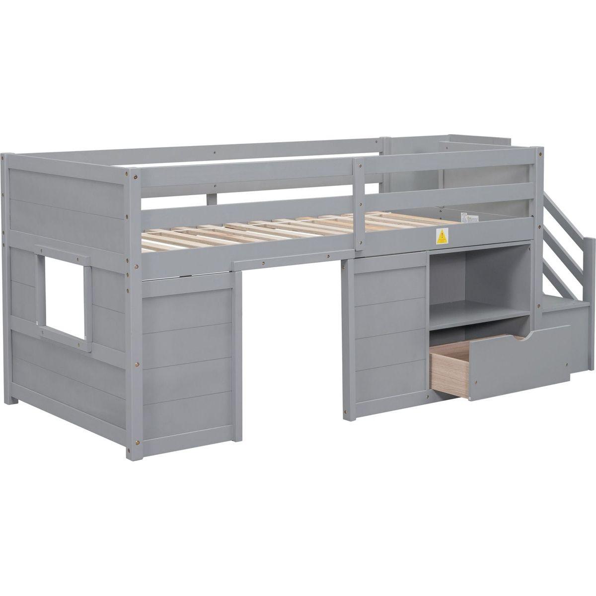 TWIN BED, SOLID WOOD TWIN SIZE LOW LOFT BED WITH STAIR, DRAWER, AND SHELF OF GREY COLOR