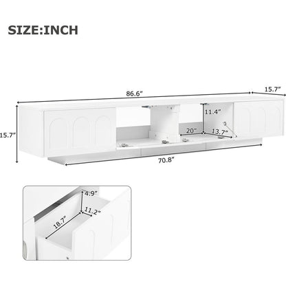 TV Stand with Fluted tempered Glass Doors for TVs Up to 95", Functional Media Console with Arched Cabinet Doors, Entertainment Center with APP-Controlled LED Light for Living Room, White