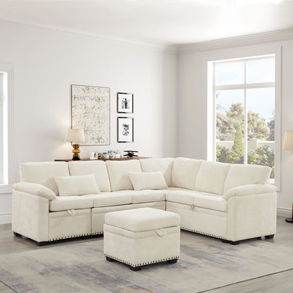 97 Inch L-Shaped Corner Sectional Sofa Couch with Seat and Storage Ottoman,Chenille Fabric Corner Couch with 7 Seats & 2 Pillows for Living Room, Beige