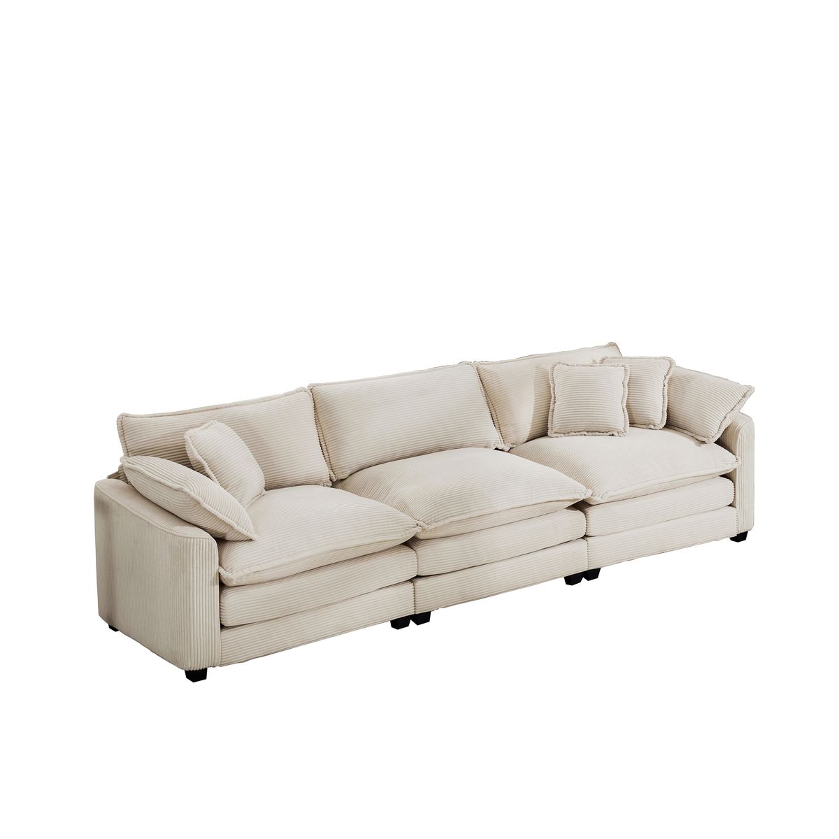 Mid-Century Modern 3-Seater Sectional Sofa with Arm and Throw Pillows, Light Beige Corduroy