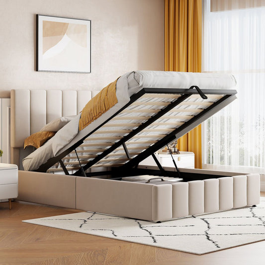 Full size Upholstered Platform bed with a Hydraulic Storage System - Beige(OLD SKU: LP000111AAA)