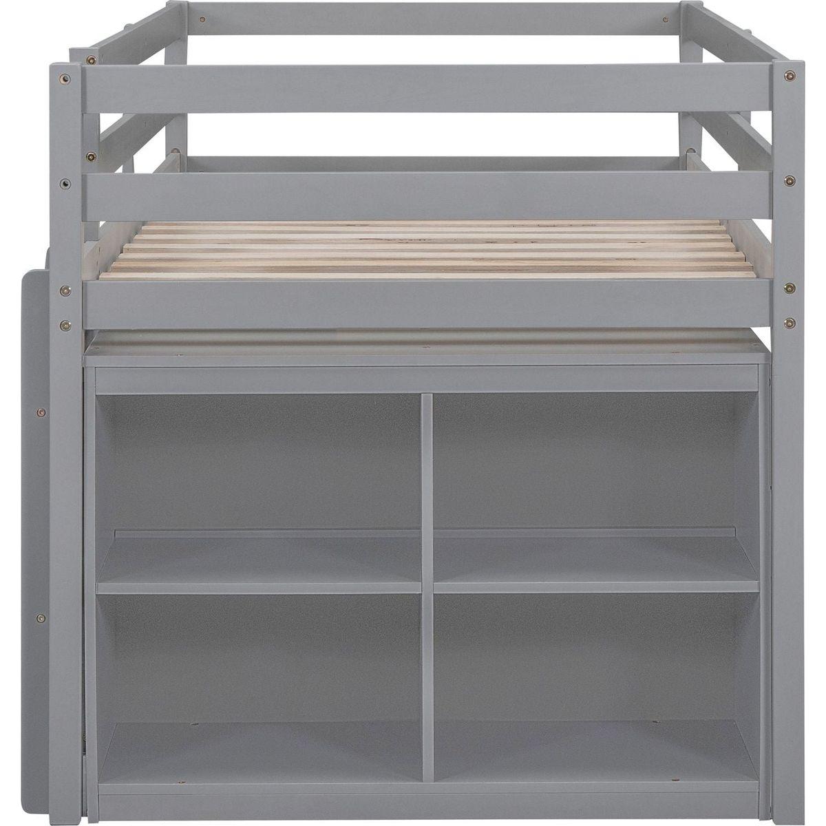 Twin Size Loft Bed with Retractable Writing Desk and 4 Drawers, Wooden Loft Bed with Lateral Portable Desk and Shelves, Gray