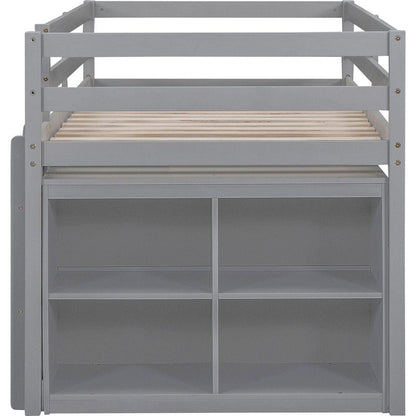 Twin Size Loft Bed with Retractable Writing Desk and 4 Drawers, Wooden Loft Bed with Lateral Portable Desk and Shelves, Gray