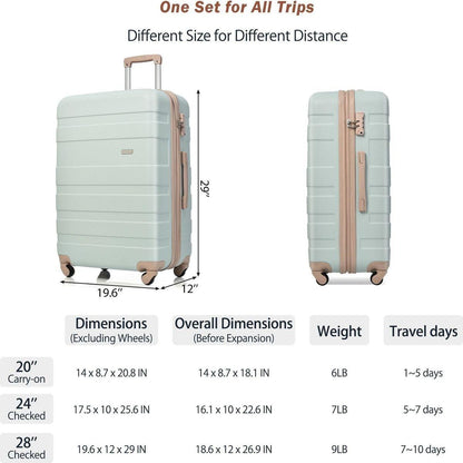 Luggage Sets 4 Piece, Expandable ABS Durable Suitcase with Travel Bag, Carry On Luggage Suitcase Set with 360 Spinner Wheels, Grey Green