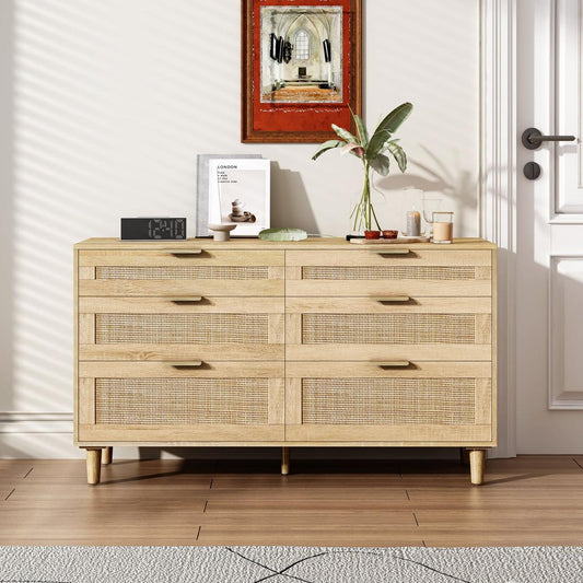 51" Rattan Dresser with Drawers, 6 Drawer Dresser for Bedroom, Clothes Storage Cabinet for Bedroom, Metal Handle&Wood Legs for Hallway, Living Room, Bedroom,Natural