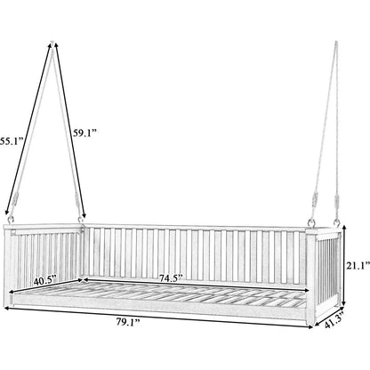 Patio Minimalist Twin Size Garden Swing Bed Wood Porch Swing with Ropes for Backyard, Safe Sloped Design, White