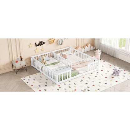 Double Twin Floor Bed with Fence, Guardrails, without door, White