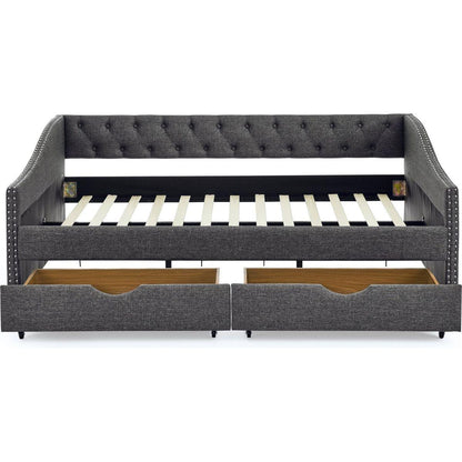 Full Size Daybed with Drawers Upholstered Tufted Sofa Bed, with Button on Back and Copper Nail on Waved Shape Arms(80.5"x55.5"x27.5")