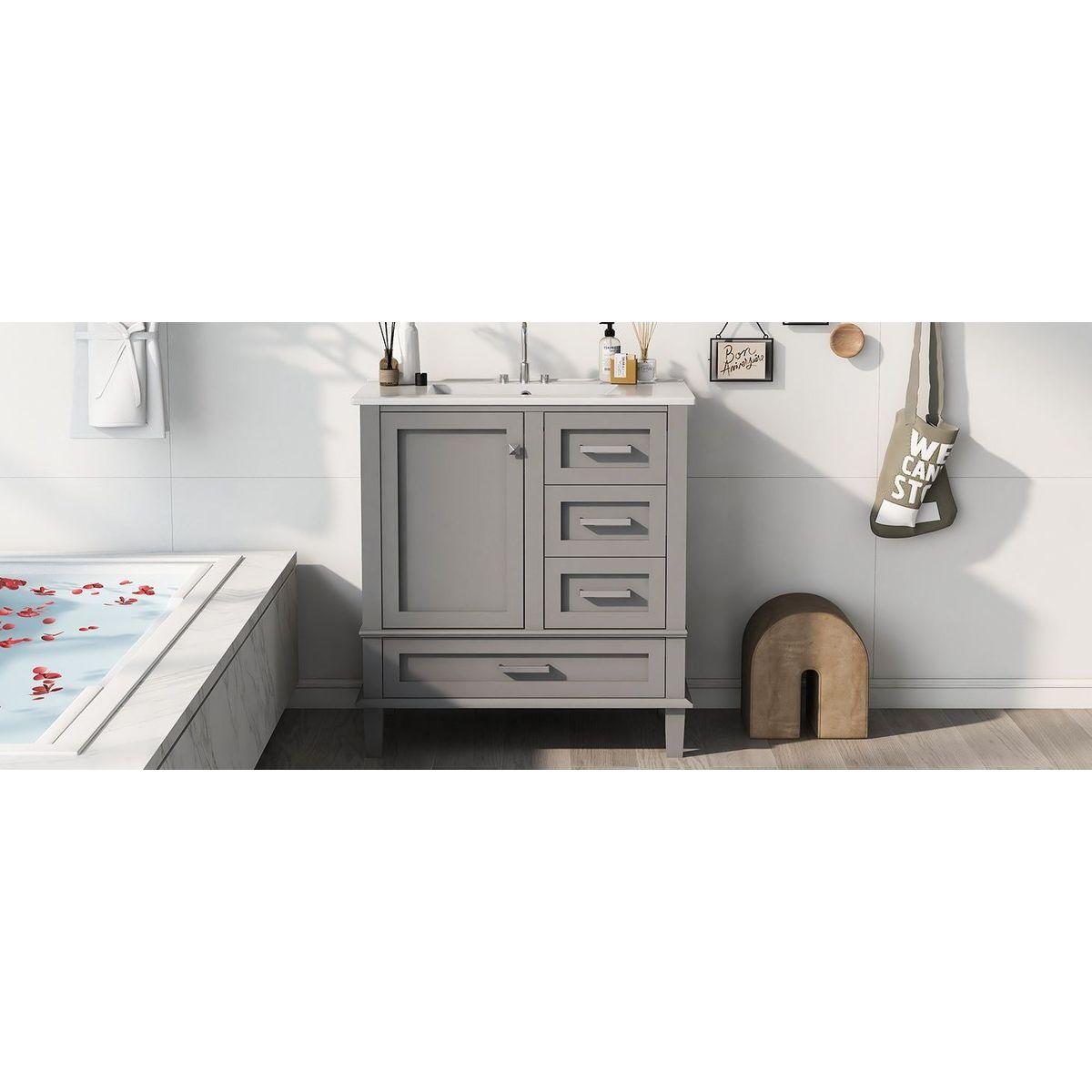 30" Bathroom Vanity, Modern Bathroom Cabinet with Sink Combo Set, Bathroom Storage Cabinet with a Soft Closing Door and 3 Drawers, Solid Wood Frame(Grey)