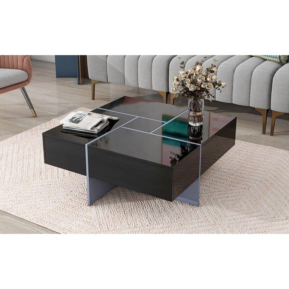 Unique Design Coffee Table with 4 Hidden Storage Compartments, Square Cocktail Table with Extendable Sliding Tabletop, UV High-gloss Design Center Table for Living Room, 31.5"x 31.5"